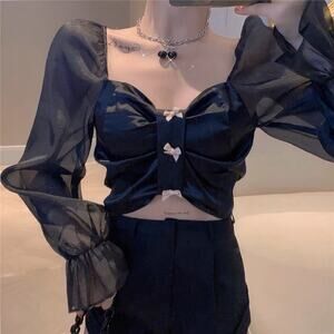 Women's French Long Sleeve Crop Blouse in Satin (Black)